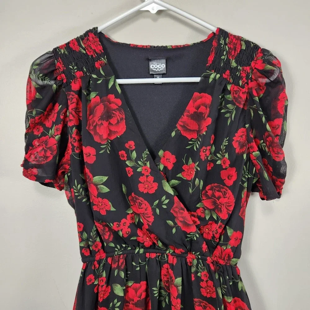 Disney Coco Dress Floral Small Character Unique Womens Black Red Floral Maxi - Picture 4 of 10